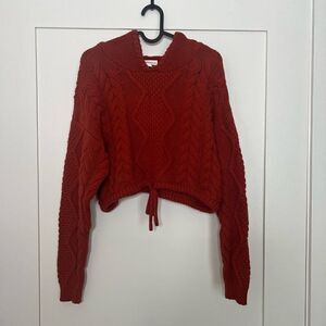 Aeropostale Womens Hooded Cropped Sweater Medium Cable Knit Crochet Red